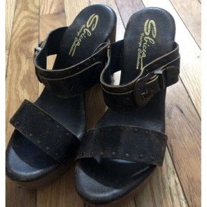 Sbicca Vintage Collection Western Distressed Leather Wood Platform Sandals  10